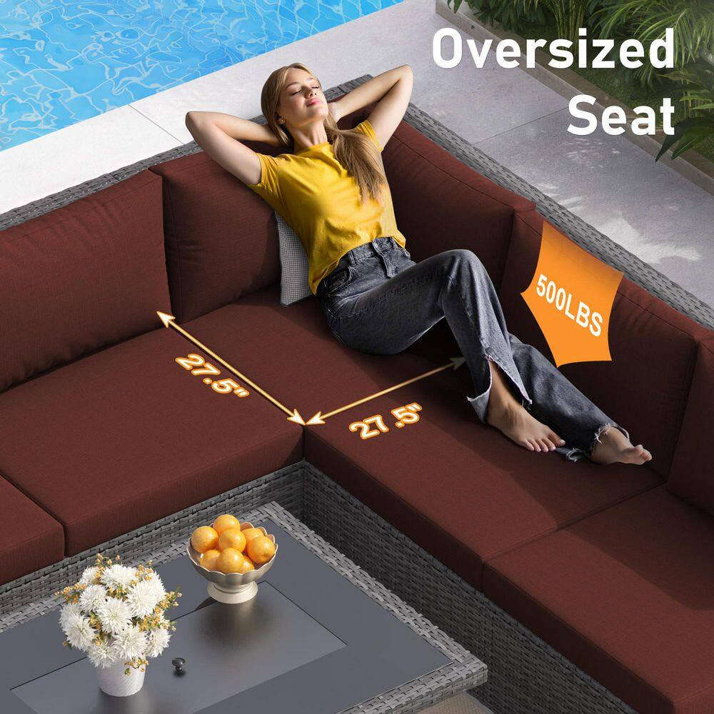 Large Gray 13-Piece 12-Seats Wicker Patio Fire Pit Sofa Set with Light Red Cushions and 43 In. Fire Pit Table
