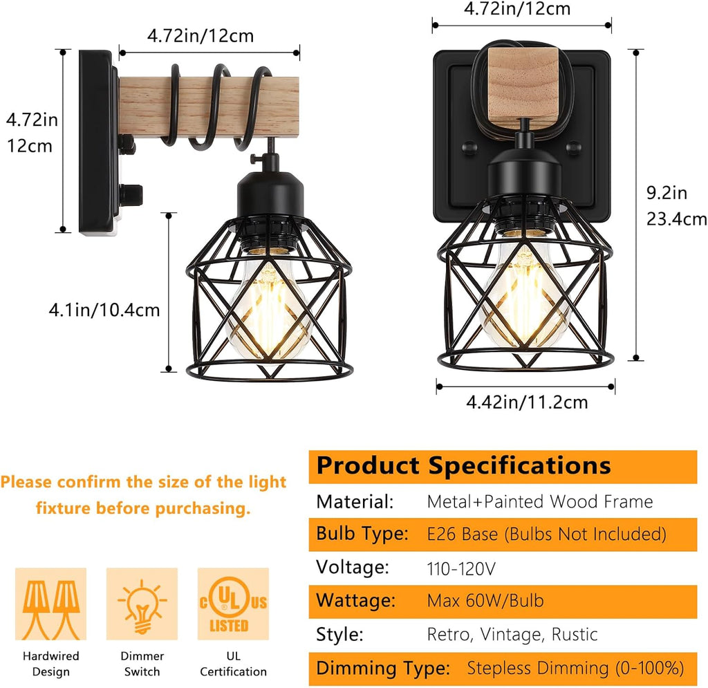 Dimmable Wall Sconces Set of Two, Bedside Wall Mounted Lamp with Rotary Switch, Wooden Black Bathroom Light Fixtures with Metal Cage, Hardwired Farmhouse Wall Lights for Bedroom, Living Room