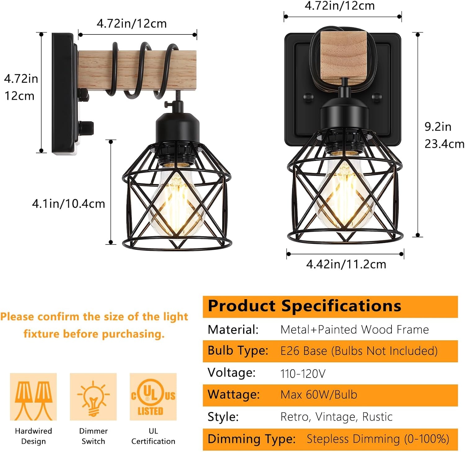 Dimmable Wall Sconces Set of Two, Bedside Wall Mounted Lamp with Rotary Switch, Wooden Black Bathroom Light Fixtures with Metal Cage, Hardwired Farmhouse Wall Lights for Bedroom, Living Room