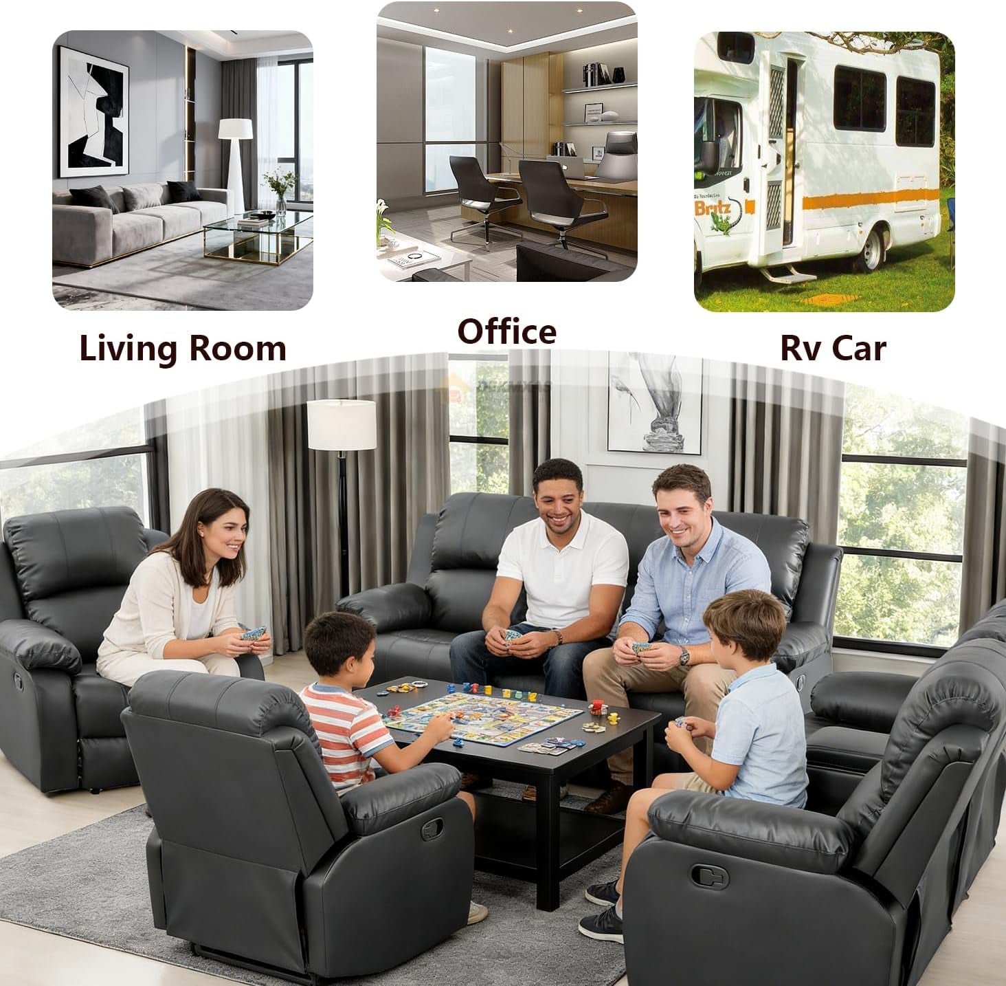 3 Seater Modern Reclining Couch Manual Recliner Sofa Living Room Furniture Black Vegan Leather Couch with Cup Holder/Flip-Down Table for Home Theater/Rv Car (Black,3Seater Sofa)