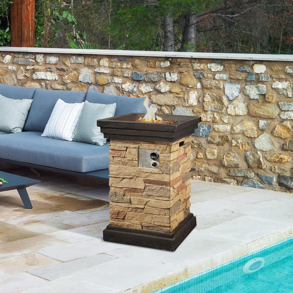 40,000 BTU Square Slate Rock Look Steel Outdoor Fire Pit Pillar outside Propane Gas Firepit with 6.6 Pounds Lava Rocks and PVC Cover for Patio Garden Backyard, 20 Inch, Brown