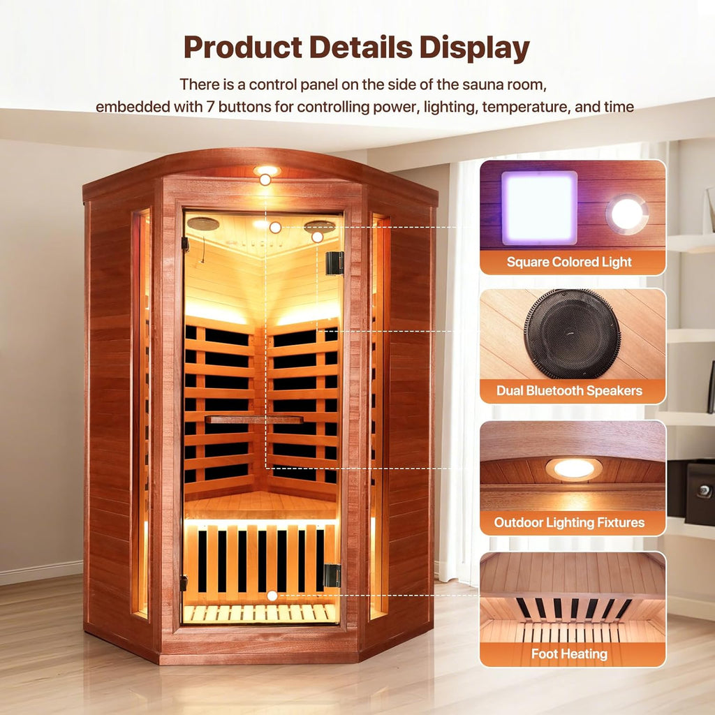 Corner Sauna for One Person Far Infrared Sauna Low-Emf African Mahogany Wood 1300W Indoor Saunas Wood Wax Oil on Outer Surface 37 * 37 * 71Inch