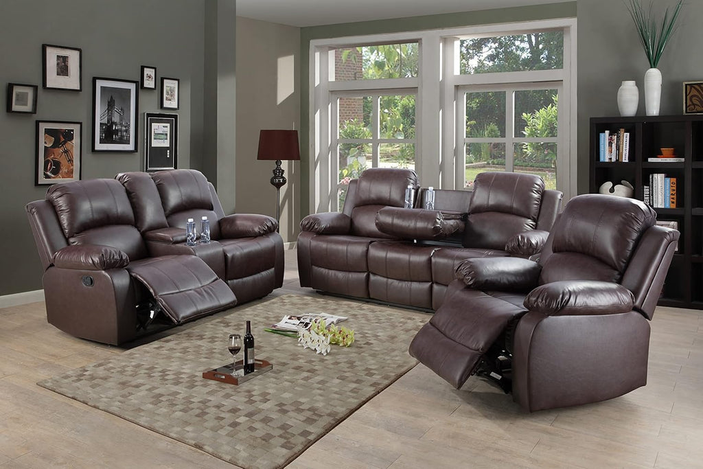 Manual Leather Recliner Sofa Set for Living Room Furniture Sets,Reclining Couch Set, Leather Couch Set for Living Room/Lounge/Club/Apartment(Brown,Sofa+Loveseat+Chair)