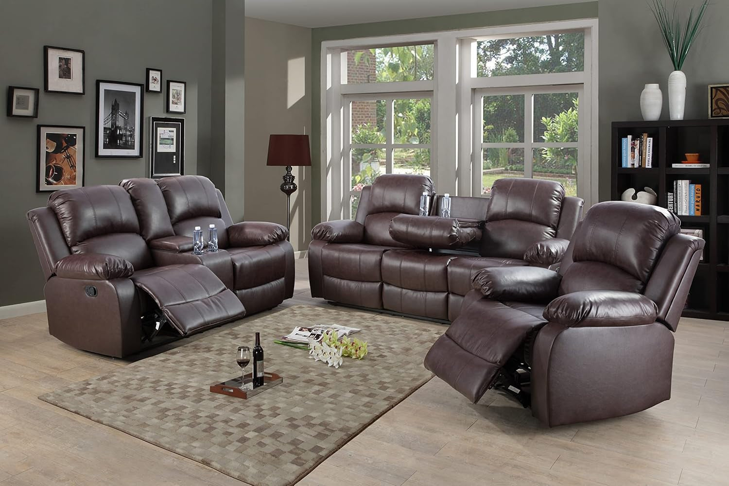 Manual Leather Recliner Sofa Set for Living Room Furniture Sets,Reclining Couch Set, Leather Couch Set for Living Room/Lounge/Club/Apartment(Brown,Sofa+Loveseat+Chair)