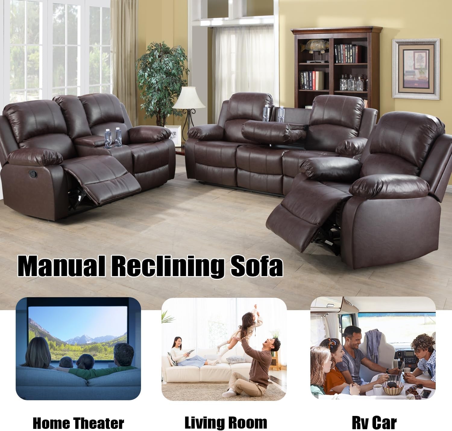 Manual Leather Recliner Sofa Set for Living Room Furniture Sets,Reclining Couch Set, Leather Couch Set for Living Room/Lounge/Club/Apartment(Brown,Sofa+Loveseat+Chair)