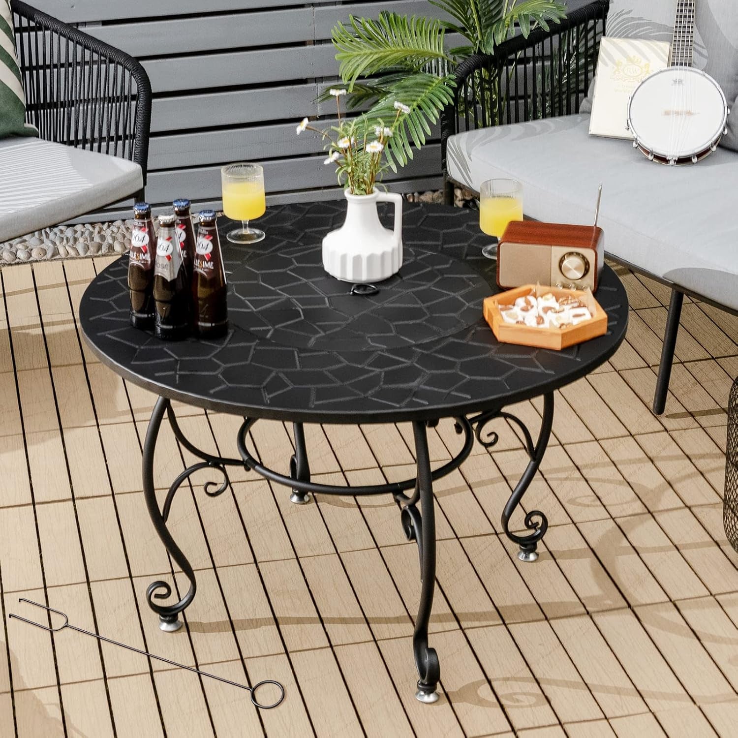 Patio Fire Pit Dining Table, round Wood Burning Fire Bowl, Outdoor Fire Pit Table with Fire Bowl, Wood Grate, Spark Screen Cover, Lid and Poker, Patio, Garden, Balcony