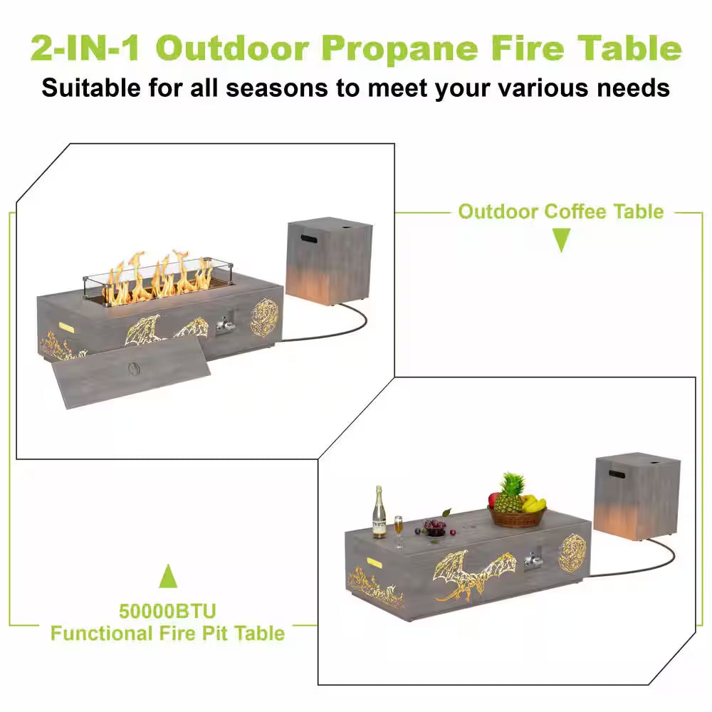 42 In. 50,000 BTU Rectangle Outdoor Propane Gas Fire Pit Table in Brown with Golden LED Light