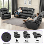 3 Seater Modern Reclining Couch Manual Recliner Sofa Living Room Furniture Black Vegan Leather Couch with Cup Holder/Flip-Down Table for Home Theater/Rv Car (Black,3Seater Sofa)