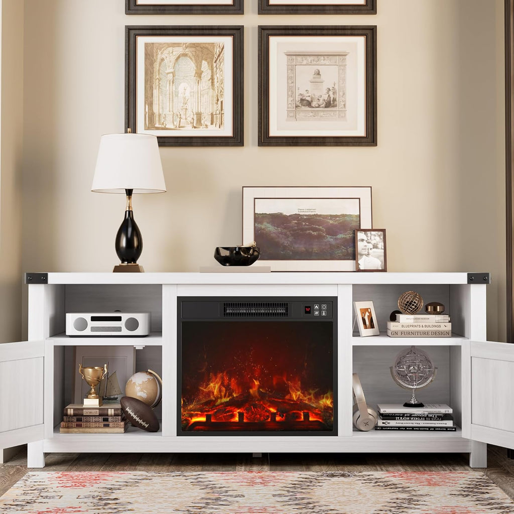 Fireplace TV Stand with 18” Electric Fireplace, Modern Fire Place TV Stands for Living Room, Entertainment Center with Storage Cabinet (Ivory)
