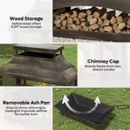 37 In. Steel Outdoor Wood Burning Fireplace with Wood Storage Rectangular Freestanding