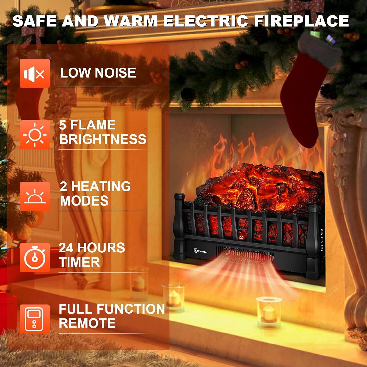 Electric Fireplace Logs Inserts Heater with Infrared Remote Controller 5 Flame Brightness 24 H Timer Overheating Protection for Home and Office Decor Black