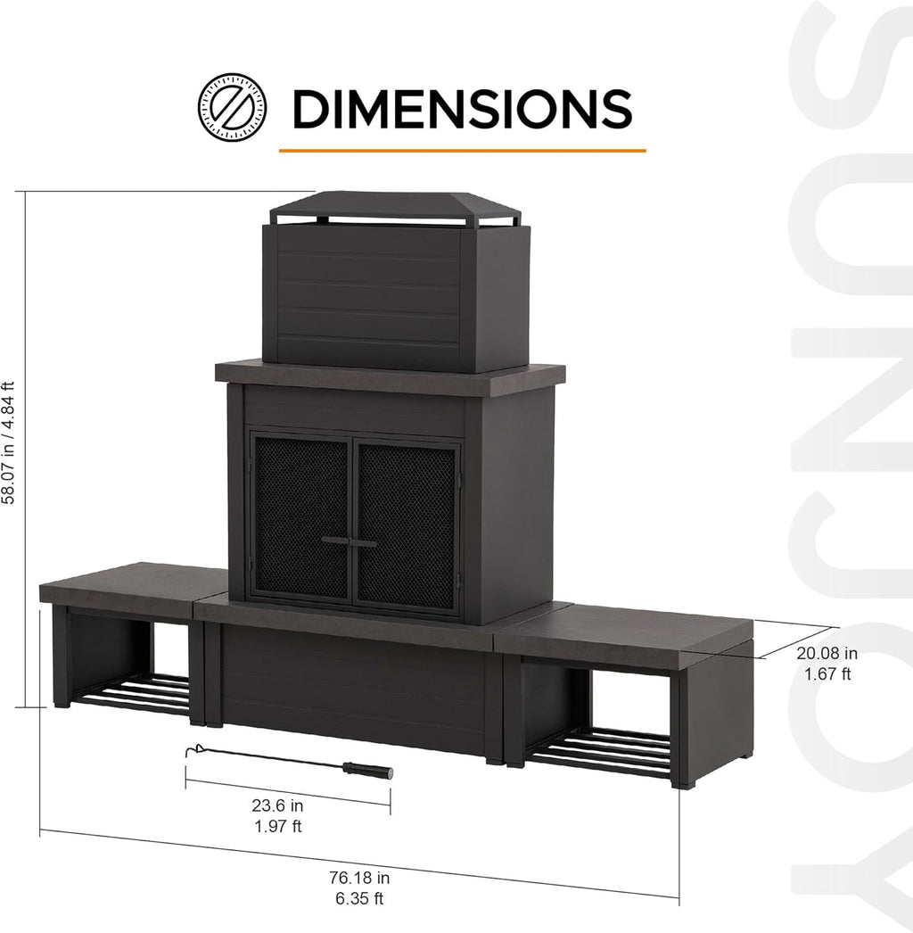 Outdoor Fireplace with Wood Storage and Chimney, Steel Metal Wood Burning Fire Pit with Mesh Spark Screen Door & Fire Poker, Fireplace Tool and PVC Cover, for Patio Garden Deck Backyard, Brown