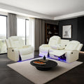 Power Leather Recliner Sofa Set with LED Light,Reclining Sofa and Chair Set with Usb,Leather Couch Set for 3 Seater Couch with Coffee Table/Single Recliner 2 PCS for Living Room(White,3+1)