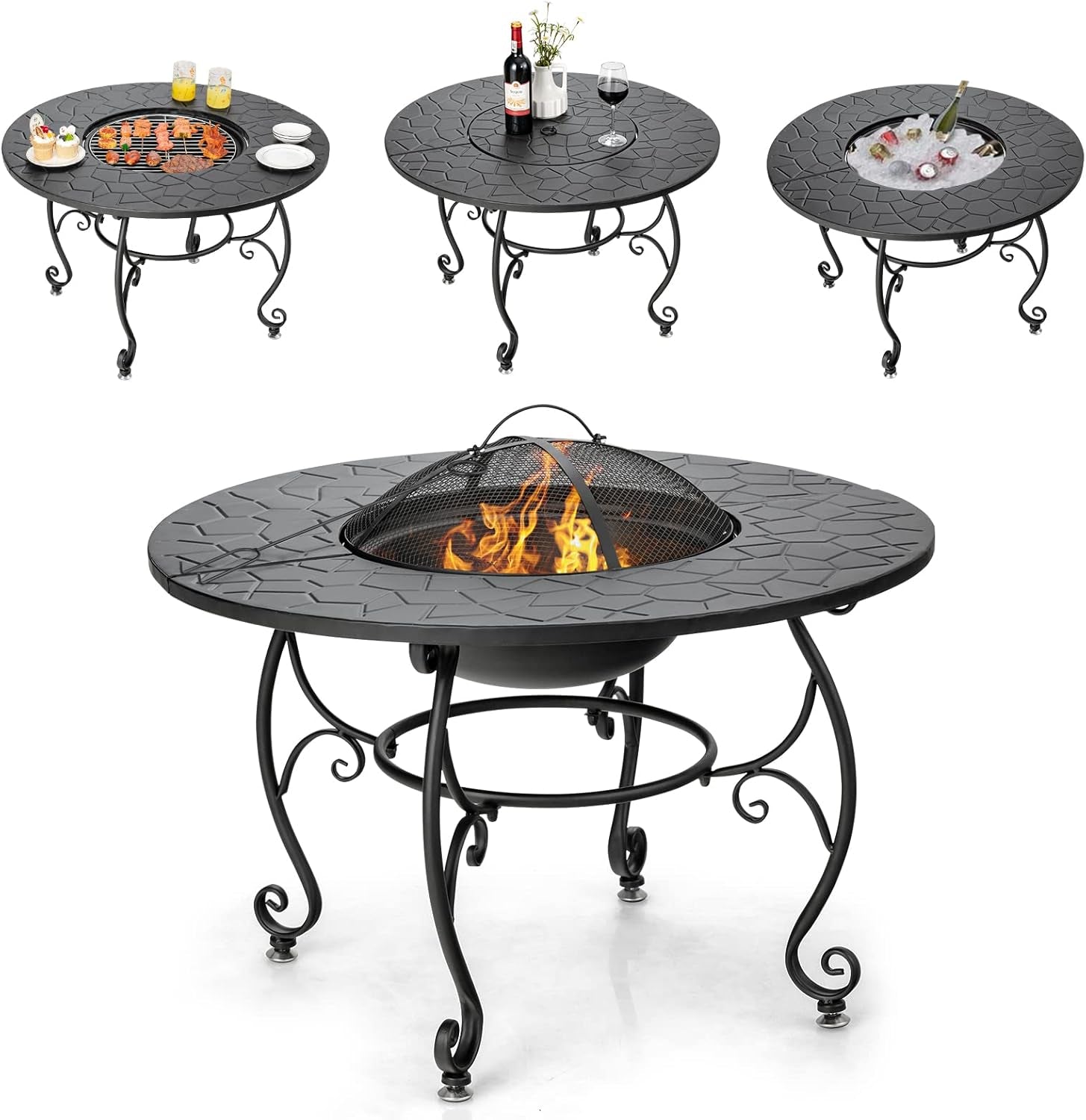 Patio Fire Pit Dining Table, round Wood Burning Fire Bowl, Outdoor Fire Pit Table with Fire Bowl, Wood Grate, Spark Screen Cover, Lid and Poker, Patio, Garden, Balcony