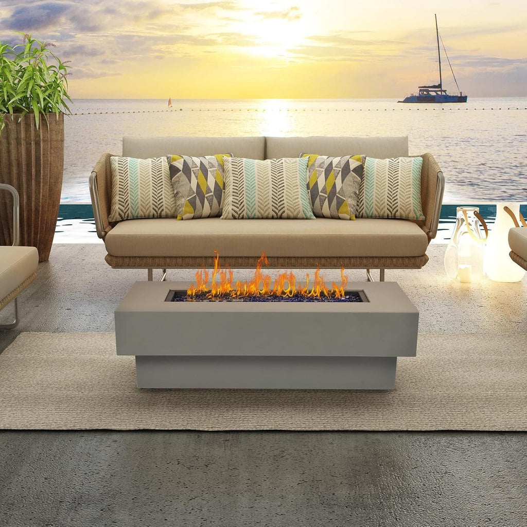 Outdoor Low Profile Fire Table, 48-Inch Rectangle Propane Gas Fire Pit Table, 50,000 BTU Modern Firepit W/Lid, Glass Rocks, Cover, Pre-Attached 10Ft Propane Hose, Flint Gray