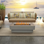 Outdoor Low Profile Fire Table, 48-Inch Rectangle Propane Gas Fire Pit Table, 50,000 BTU Modern Firepit W/Lid, Glass Rocks, Cover, Pre-Attached 10Ft Propane Hose, Flint Gray