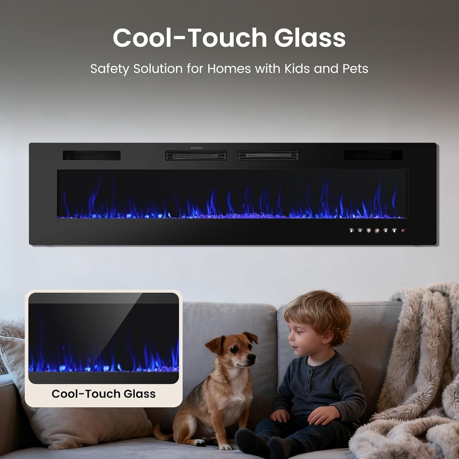 72" Electric Fireplace Wall Mounted & Recessed, 3.19" Ultra-Thin Linear Fireplace Electric Heater with Remote Control & Touch Screen, 750/1500W, Low Noise, Timer