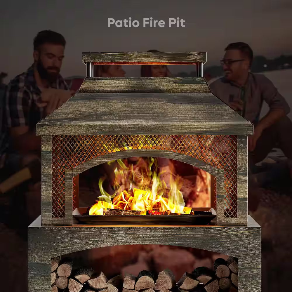 37 In. Steel Outdoor Wood Burning Fireplace with Wood Storage Rectangular Freestanding