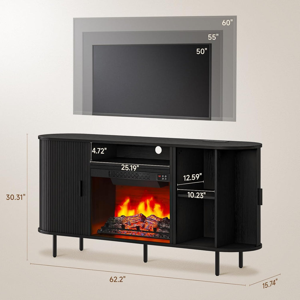 63" Fluted Fireplace TV Stand with 23" Electric Fireplace, Sliding Doors Entertainment Center for Tvs up to 70", TV Console with Power Outlet & Storage, Mid-Century Modern for Living Room, Black