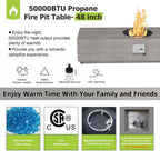 48 In. 50,000 BTU Rectangle Outdoor Gas Fire Pit Table in Brown with RGB LED Light