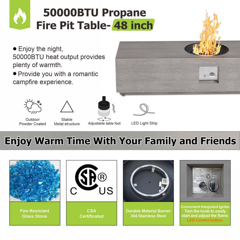 48 In. 50,000 BTU Rectangle Outdoor Gas Fire Pit Table in Brown with RGB LED Light
