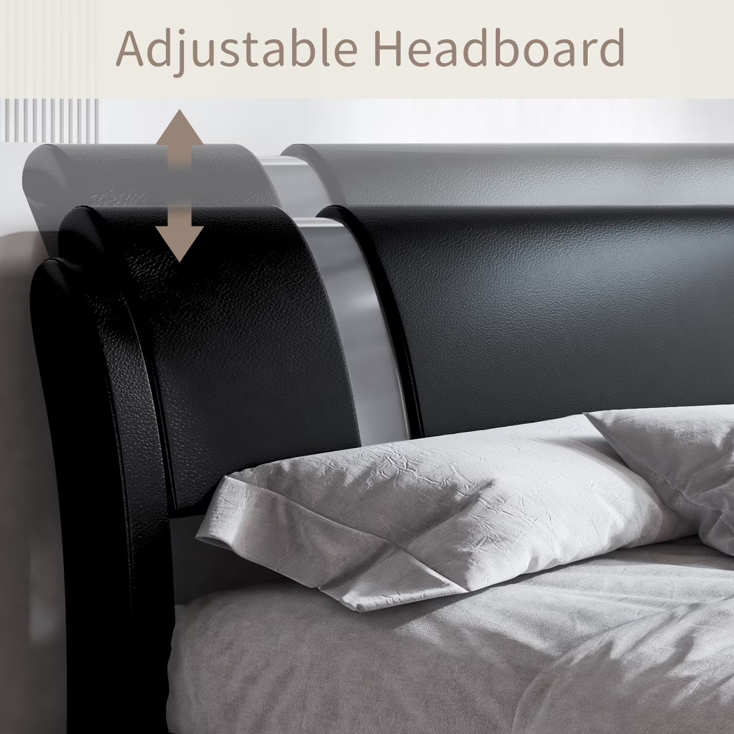 King Size Platform Bed Frame with Delux Iron Pieces Decor and Modern Faux Leather, Black