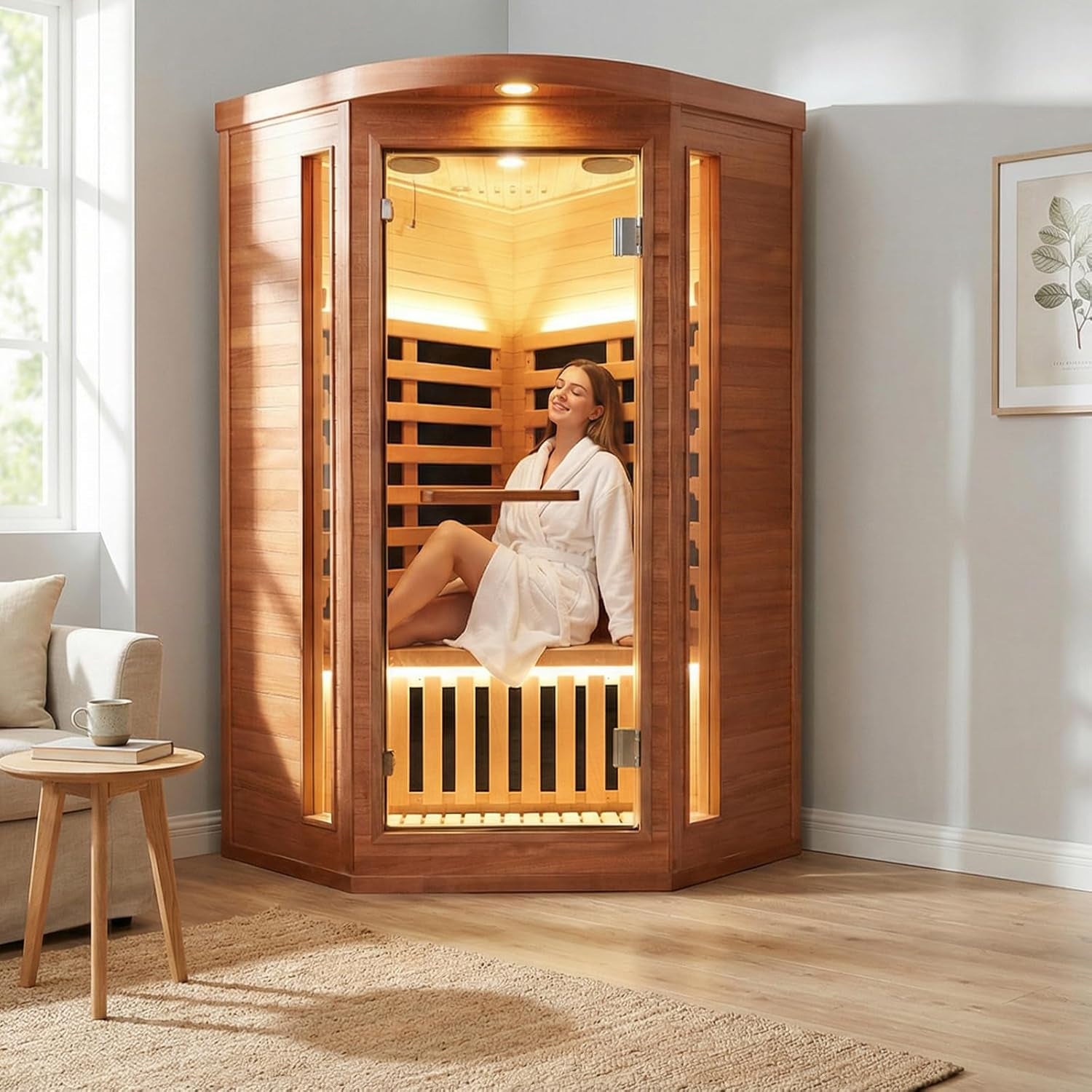 Corner Sauna for One Person Far Infrared Sauna Low-Emf African Mahogany Wood 1300W Indoor Saunas Wood Wax Oil on Outer Surface 37 * 37 * 71Inch
