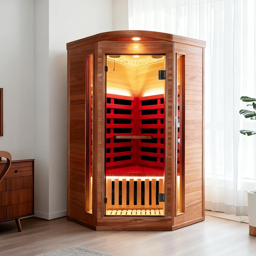 Corner Sauna for One Person Far Infrared Sauna Low-Emf African Mahogany Wood 1300W Indoor Saunas Wood Wax Oil on Outer Surface 37 * 37 * 71Inch
