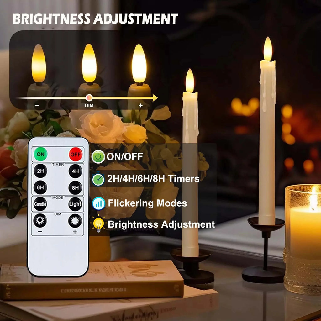 6Pack Flameless Taper Candles with Remote Timer, 9.84'' LED Fake Electric Candlesticks,Battery Operated Dripless 3D Flickering Flame Window Candles,Ivory