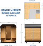 Lennon 2-4 Person Traditional Cedar Outdoor Cube Sauna with Porch, Electric Sauna Heater, Sauna Rocks, Dry Heat, Steam Sauna, LED Lights, Wi-Fi Control, Sauna Accessories
