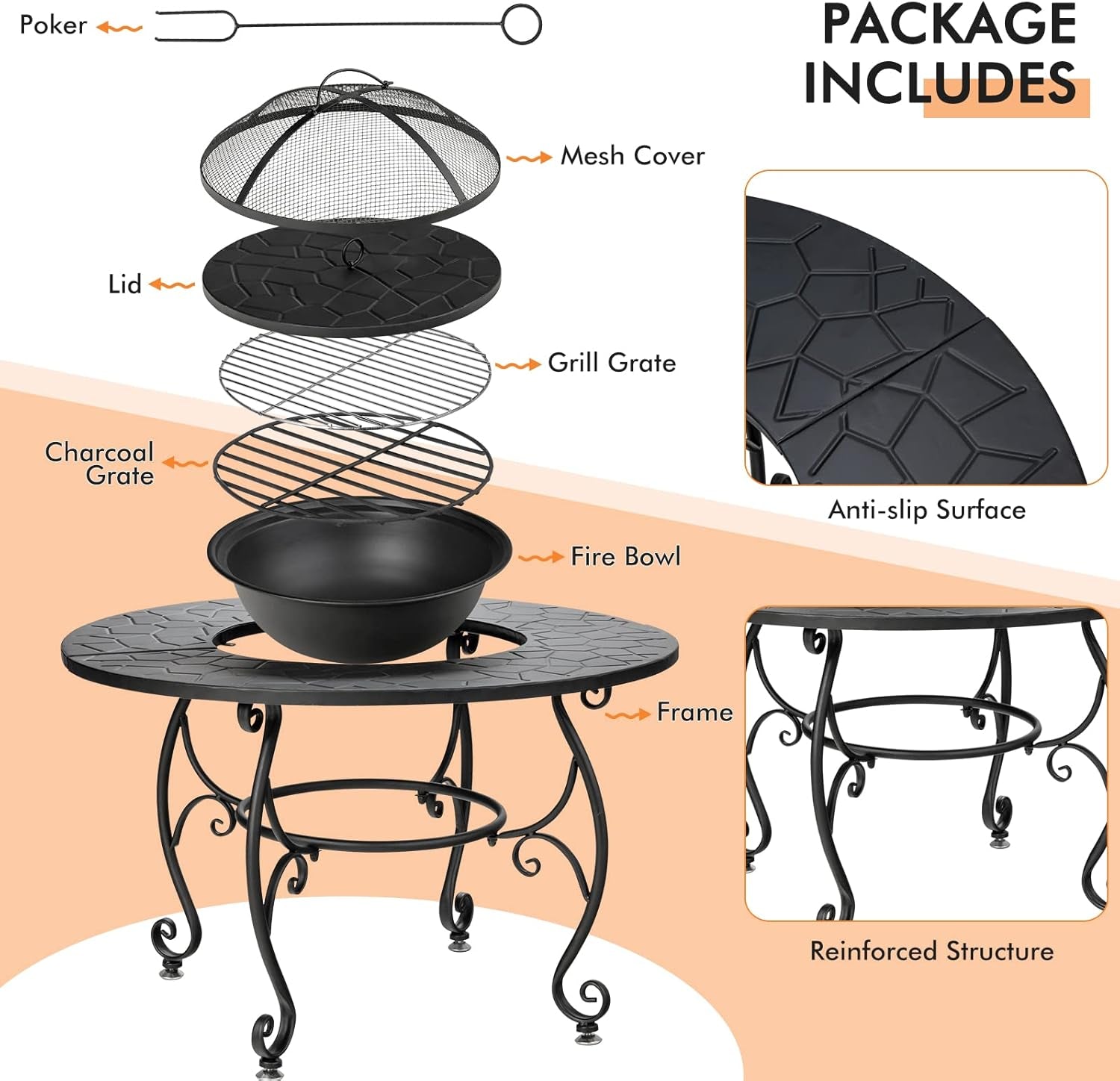 Patio Fire Pit Dining Table, round Wood Burning Fire Bowl, Outdoor Fire Pit Table with Fire Bowl, Wood Grate, Spark Screen Cover, Lid and Poker, Patio, Garden, Balcony