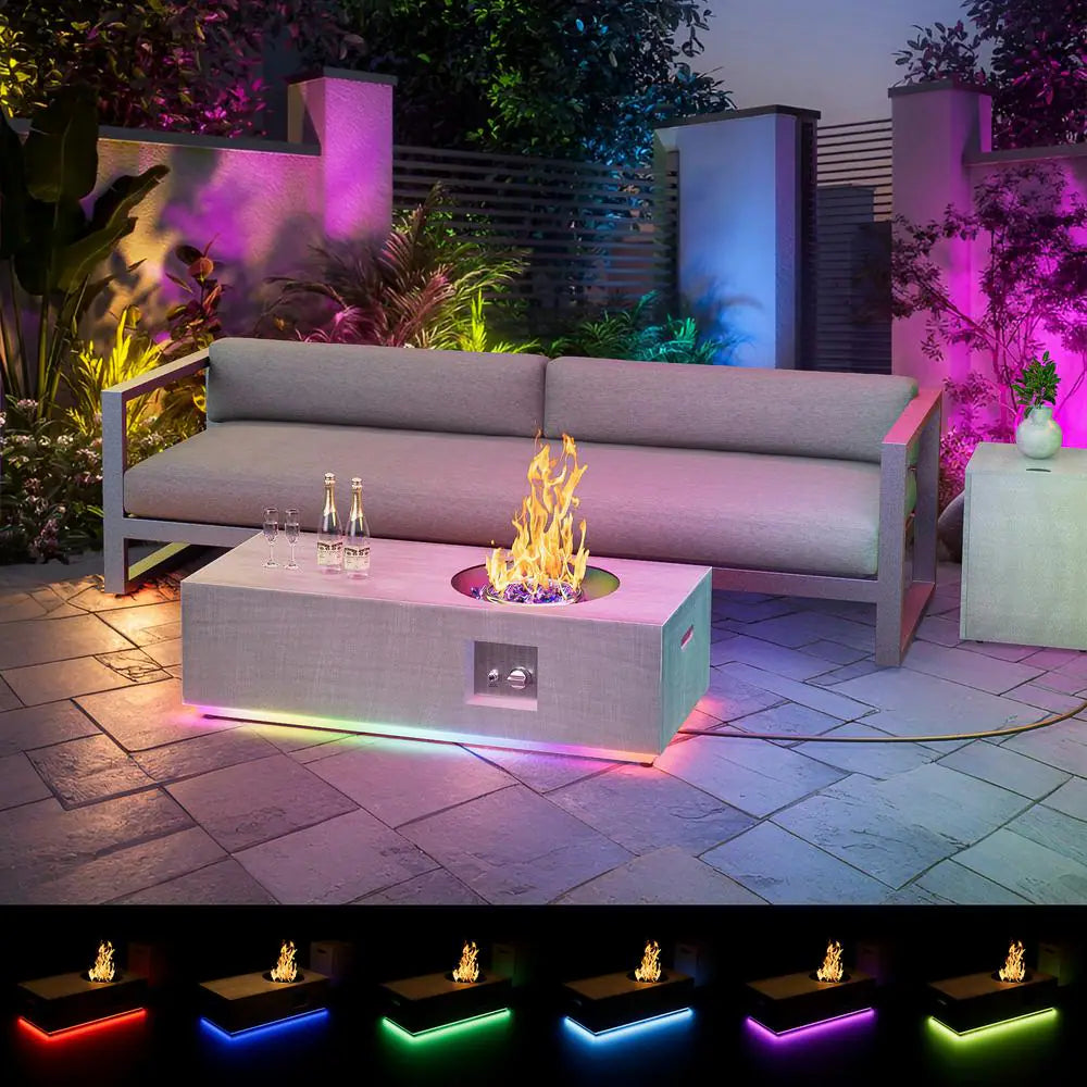 48 In. 50,000 BTU Rectangle Outdoor Propane Fire Pit Table in Gray with RGB LED Light