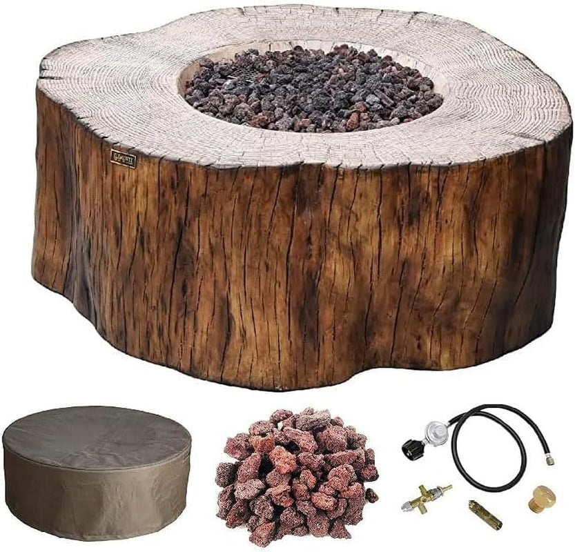 | Manchester Gas Fire Pit Cast Concrete Semi-Round Fire Table, Outdoor Fire Pit Electronic Ignition | Canvas Cover, Lava Rock Included | Red Wood (Propane Gas)