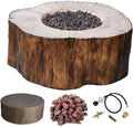 | Manchester Gas Fire Pit Cast Concrete Semi-Round Fire Table, Outdoor Fire Pit Electronic Ignition | Canvas Cover, Lava Rock Included | Red Wood (Propane Gas)