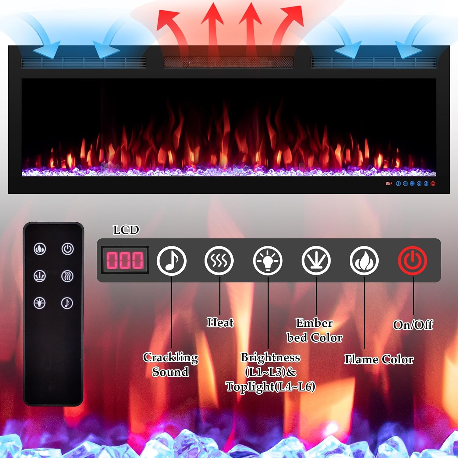 60 Inch Electric Fireplace Heater, Smart Control via Alexa& App, Recessed and Wall Mounted Fireplace Insert with Multicolor Realistic Flame Effects,Crackling Sound and Logs& Crystal,5100Btus, Black