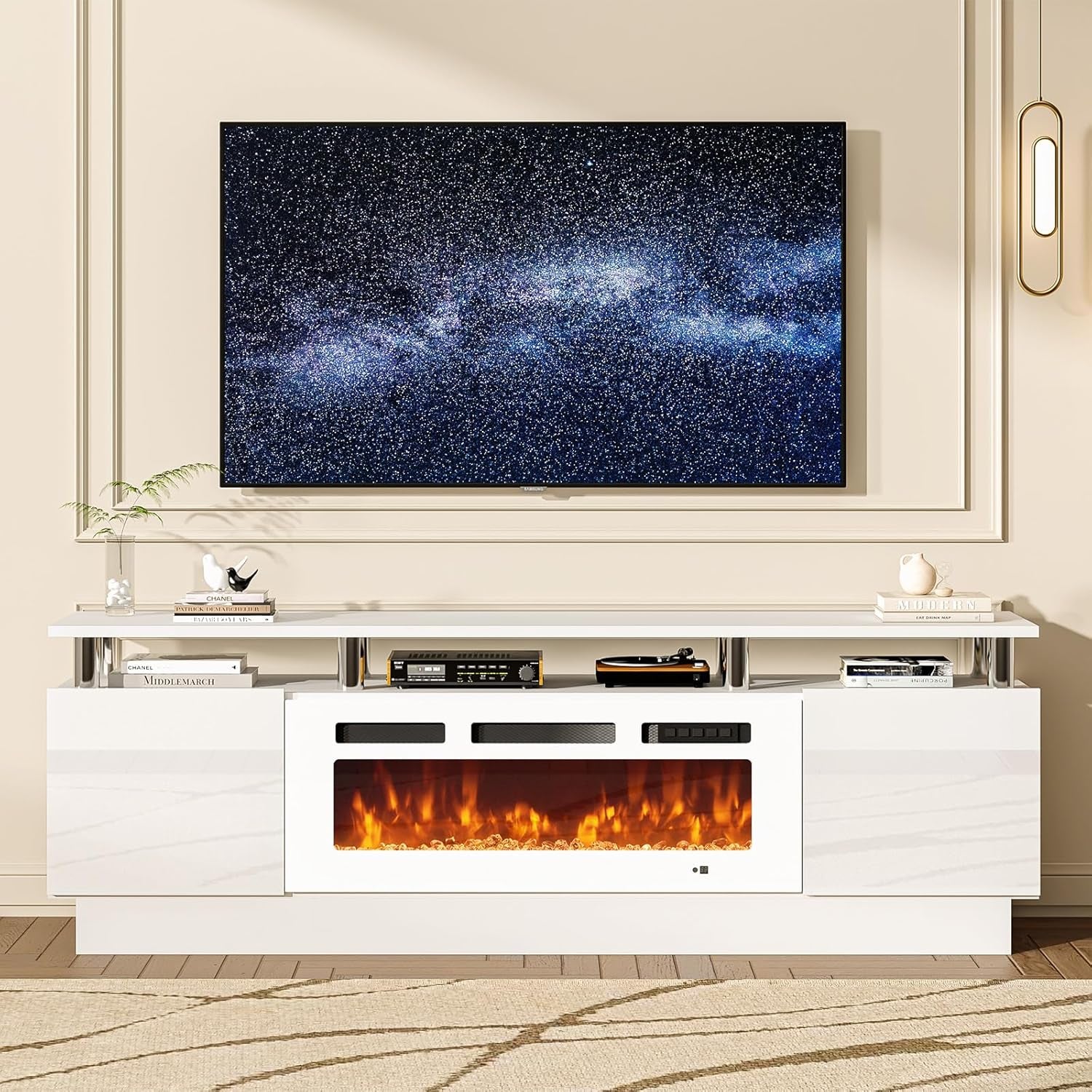 70" Fireplace TV Stand, Modern Entertainment Center & 36 Inch Electric Fireplace with Remote Control, LED Light, Fire Place Tv Stand for Living Room for Tvs up to 80", White + White
