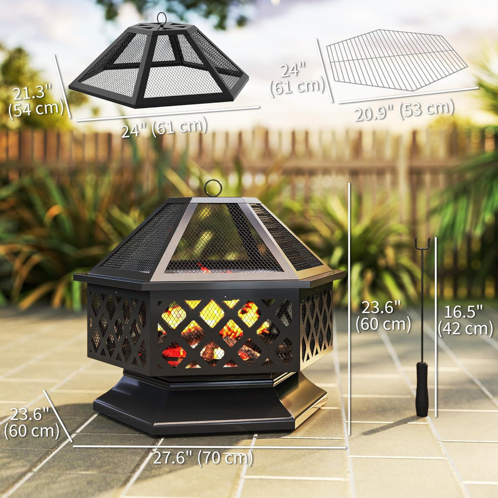 28" Outdoor Fire Pit Grill, Portable Wood Burning Firepit for outside with Cooking Grate, Fire Poker, Spark Screen Lid, Steel Hexagon Fireplace for Patio Bonfire Backyard BBQ Camping Picnic