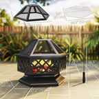 28" Outdoor Fire Pit Grill, Portable Wood Burning Firepit for outside with Cooking Grate, Fire Poker, Spark Screen Lid, Steel Hexagon Fireplace for Patio Bonfire Backyard BBQ Camping Picnic