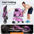 3 Wheels Pet Dog Stroller Cat Cage for Medium Small Dogs Cats Travel Folding Carrier Waterproof Puppy Stroller with Cup Holder & Removable Liner,Pink
