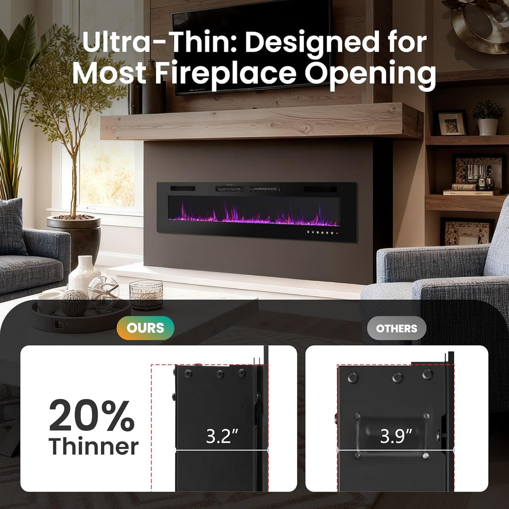 72" Electric Fireplace Wall Mounted & Recessed, 3.19" Ultra-Thin Linear Fireplace Electric Heater with Remote Control & Touch Screen, 750/1500W, Low Noise, Timer
