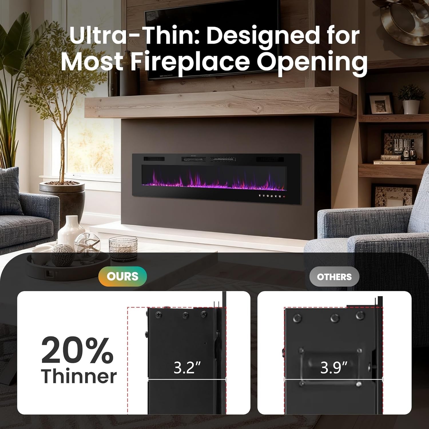72" Electric Fireplace Wall Mounted & Recessed, 3.19" Ultra-Thin Linear Fireplace Electric Heater with Remote Control & Touch Screen, 750/1500W, Low Noise, Timer