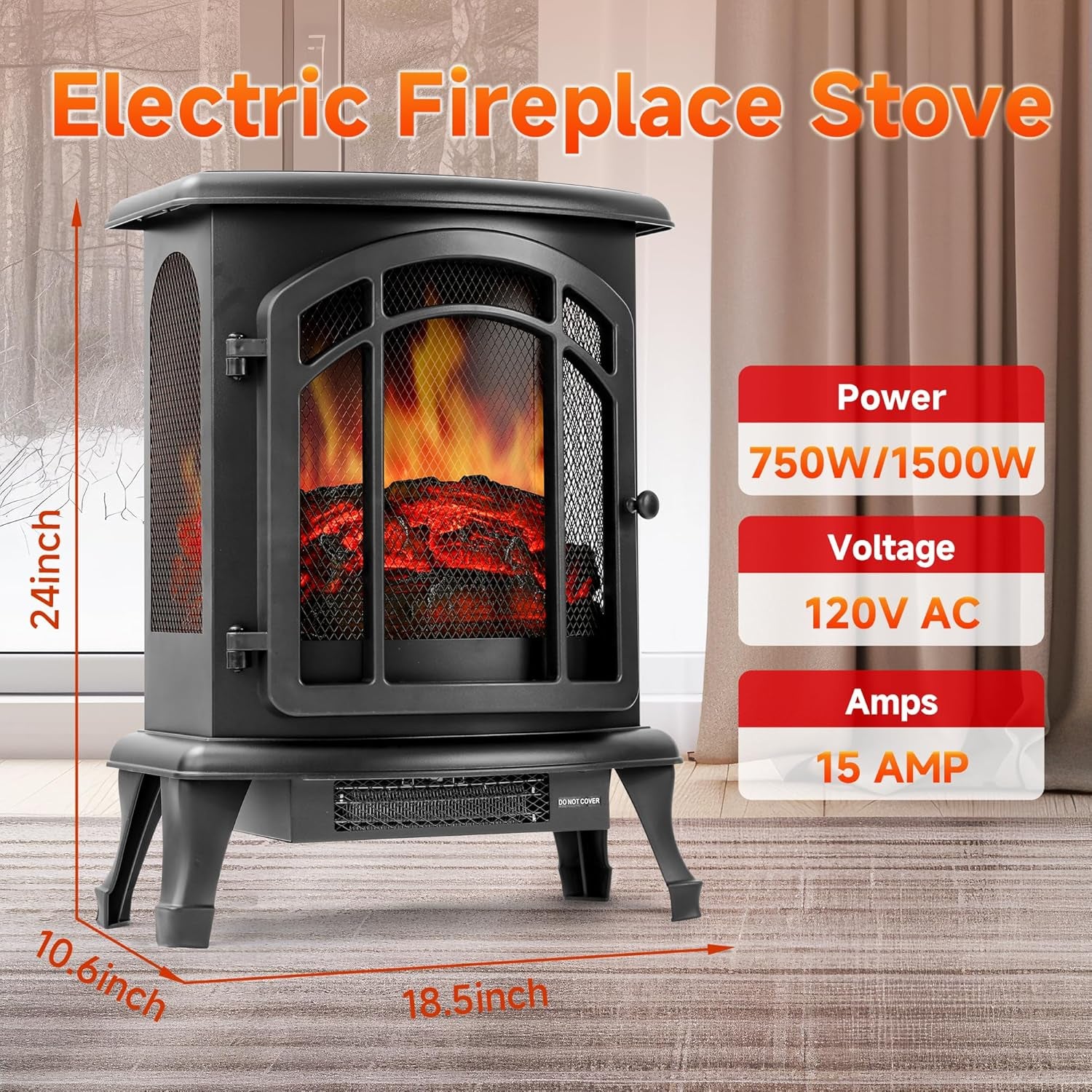 24" Electric Fireplace Heater Stove - Infrared Heater with Realistic LED 3D Flames and Remote Contro, Fire Place Electric, Fake Freestanding Fireplace for Indoor Use, Timer, 750 | 1500W