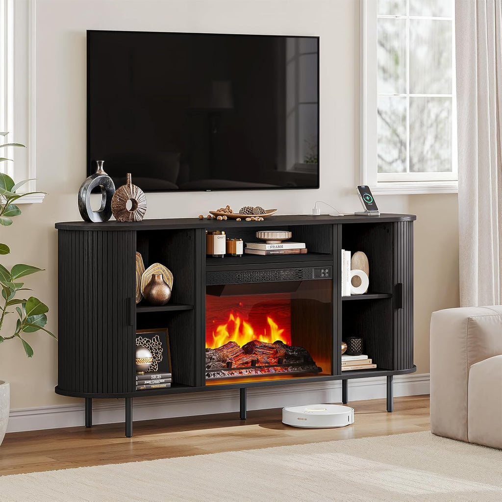 63" Fluted Fireplace TV Stand with 23" Electric Fireplace, Sliding Doors Entertainment Center for Tvs up to 70", TV Console with Power Outlet & Storage, Mid-Century Modern for Living Room, Black