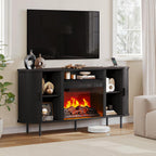 63" Fluted Fireplace TV Stand with 23" Electric Fireplace, Sliding Doors Entertainment Center for Tvs up to 70", TV Console with Power Outlet & Storage, Mid-Century Modern for Living Room, Black