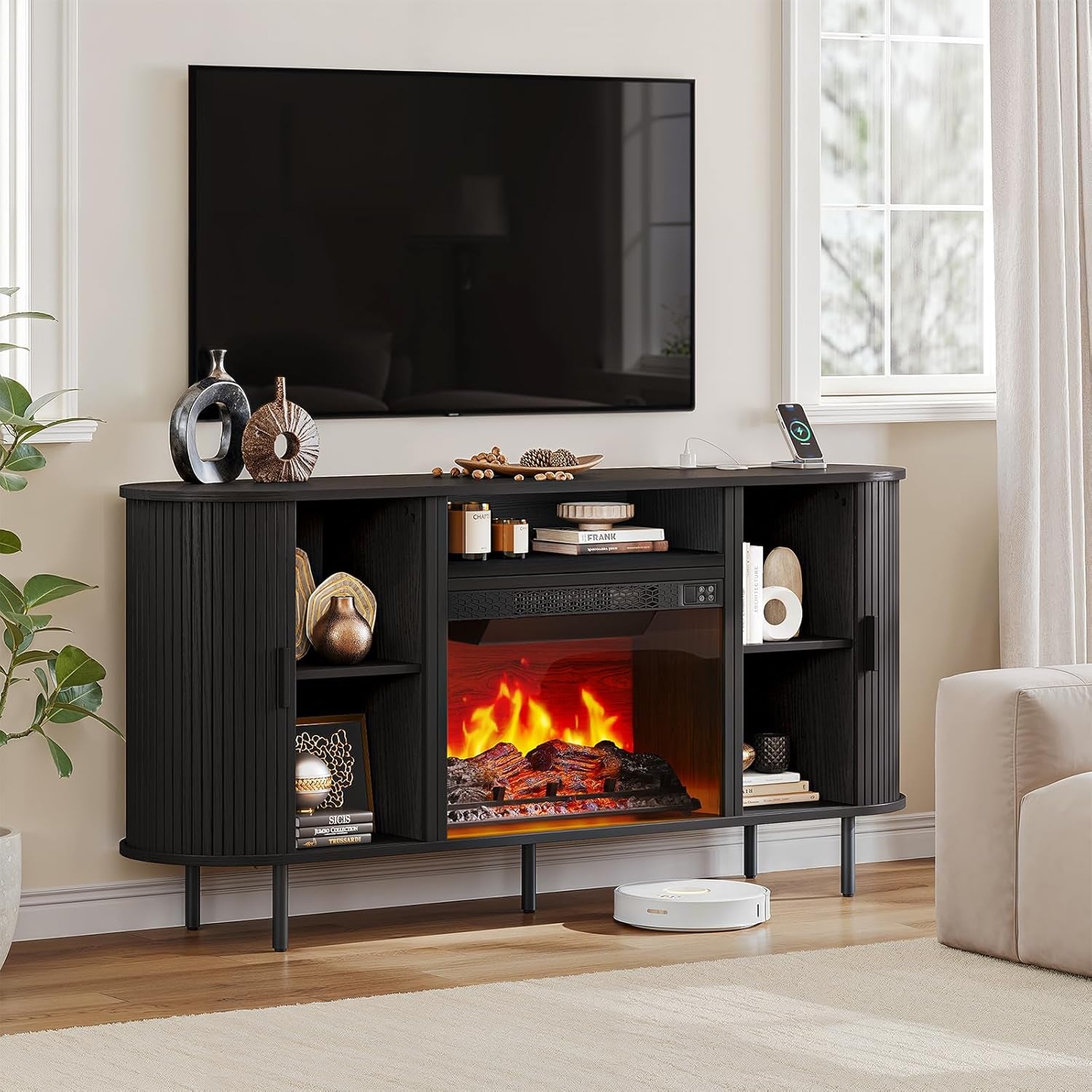 63" Fluted Fireplace TV Stand with 23" Electric Fireplace, Sliding Doors Entertainment Center for Tvs up to 70", TV Console with Power Outlet & Storage, Mid-Century Modern for Living Room, Black