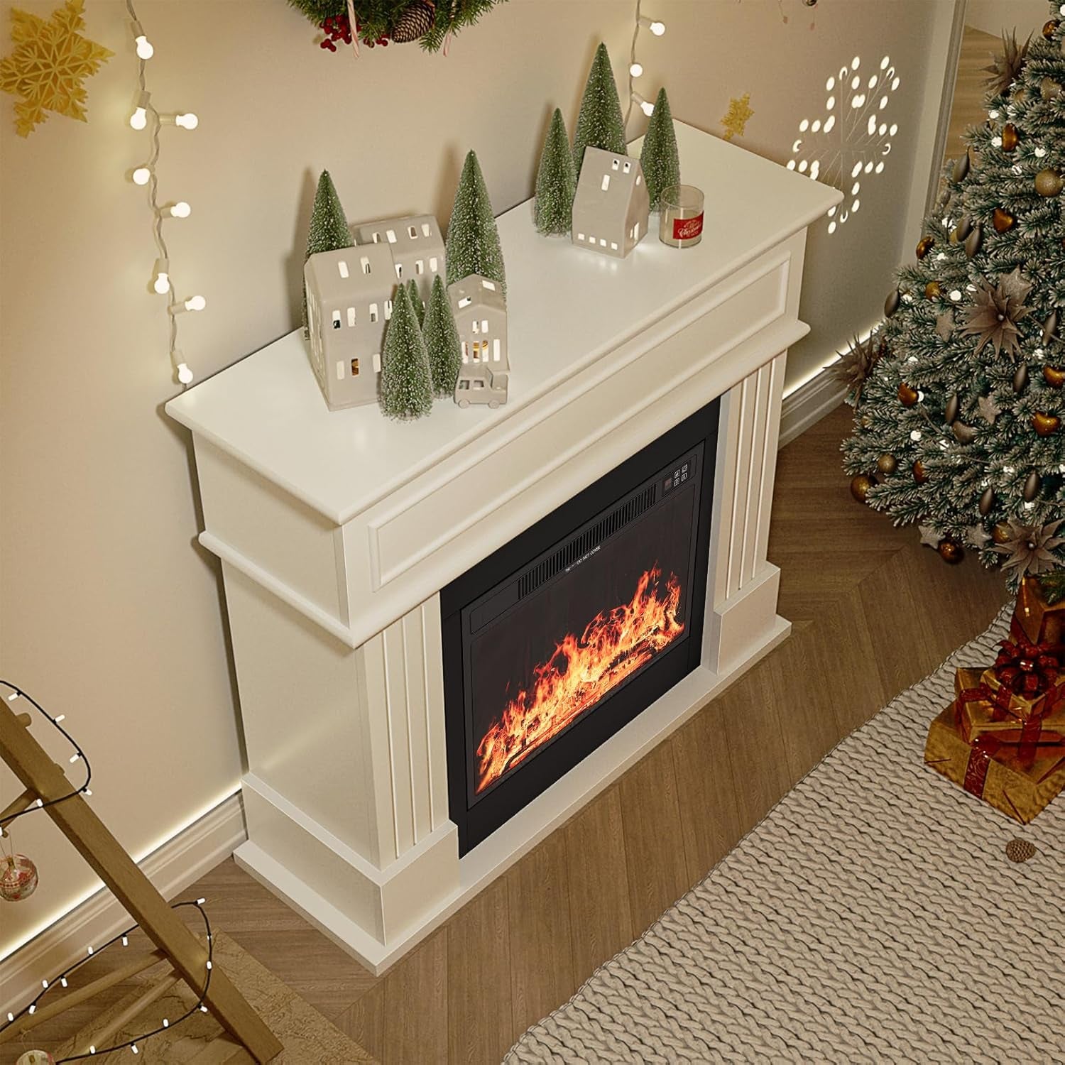 43" Electric Fireplace with Mantel, Freestanding Electric Fireplace Heater TV Stand with 23" Insert, Remote Control, Ajustable Flame and Timer, Fire Place Insert Heater for Living Room, White