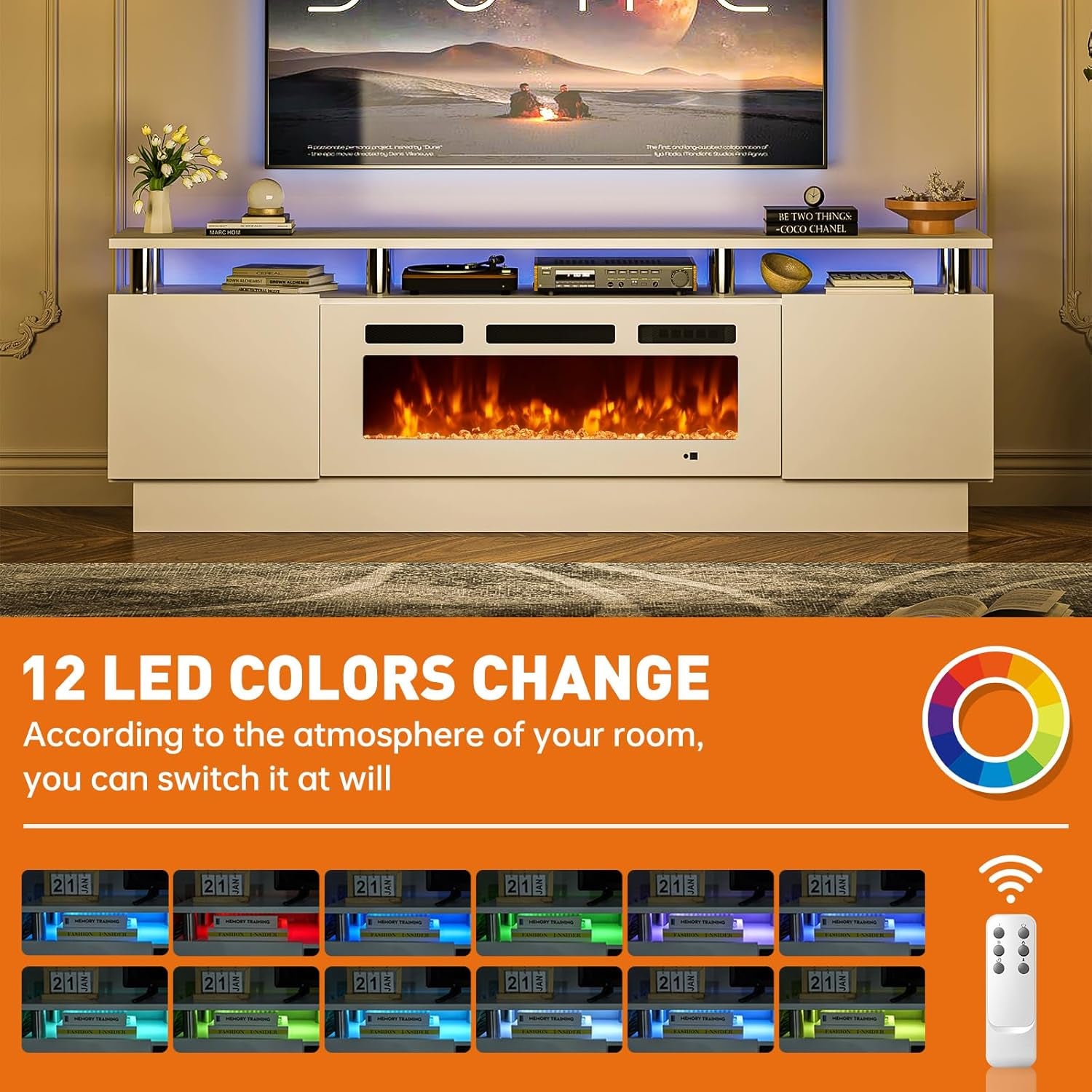 70" Fireplace TV Stand, Modern Entertainment Center & 36 Inch Electric Fireplace with Remote Control, LED Light, Fire Place Tv Stand for Living Room for Tvs up to 80", White + White
