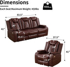 Power Leather Recliner Sofa Set with LED Light,Reclining Sofa and Chair Set with Usb,Leather Couch Set for 3 Seater Couch with Coffee Table/Single Recliner 2 PCS for Living Room(Red,3+1)