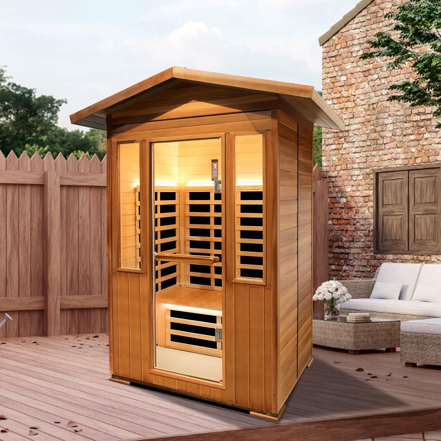 2 Person Outdoor Sauna Infrared Saunas Dry Sauna Room 120V Red Cedar and Canadian Hemlock Wood Wooden Sauna Spa 1800W APP Control 7 Color Light 48.8 * 37 * 87.4Inch