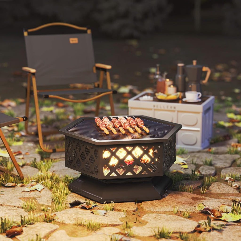 28" Outdoor Fire Pit Grill, Portable Wood Burning Firepit for outside with Cooking Grate, Fire Poker, Spark Screen Lid, Steel Hexagon Fireplace for Patio Bonfire Backyard BBQ Camping Picnic